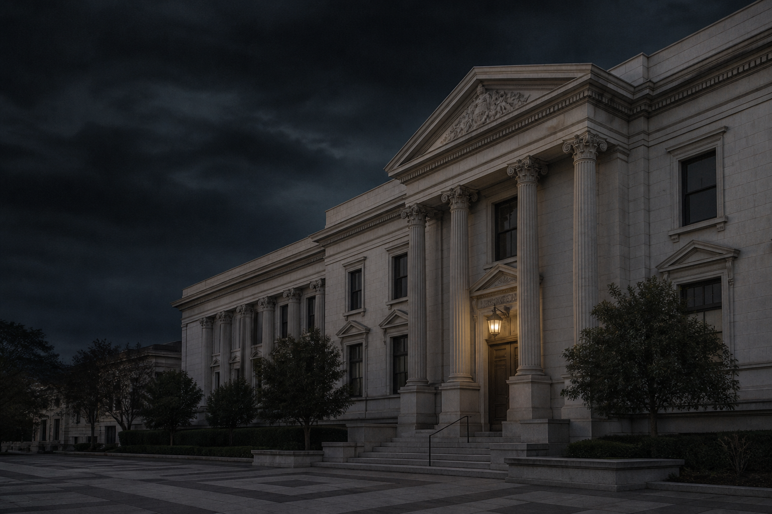 California civic building at blue hour
