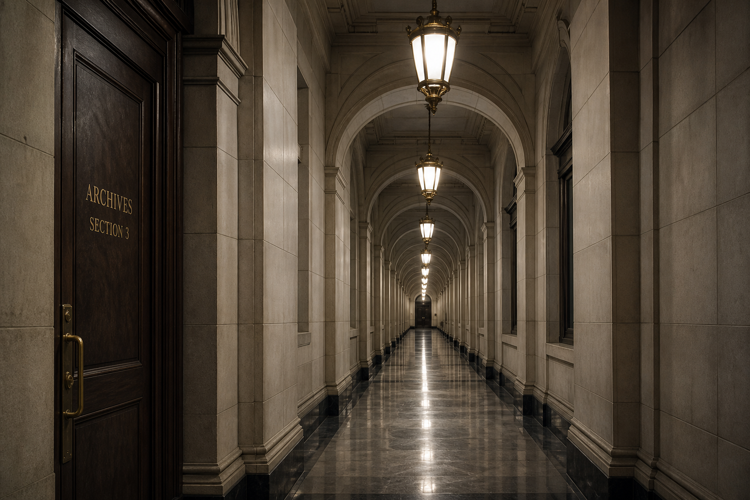 Uninhabited institutional archive corridor at night