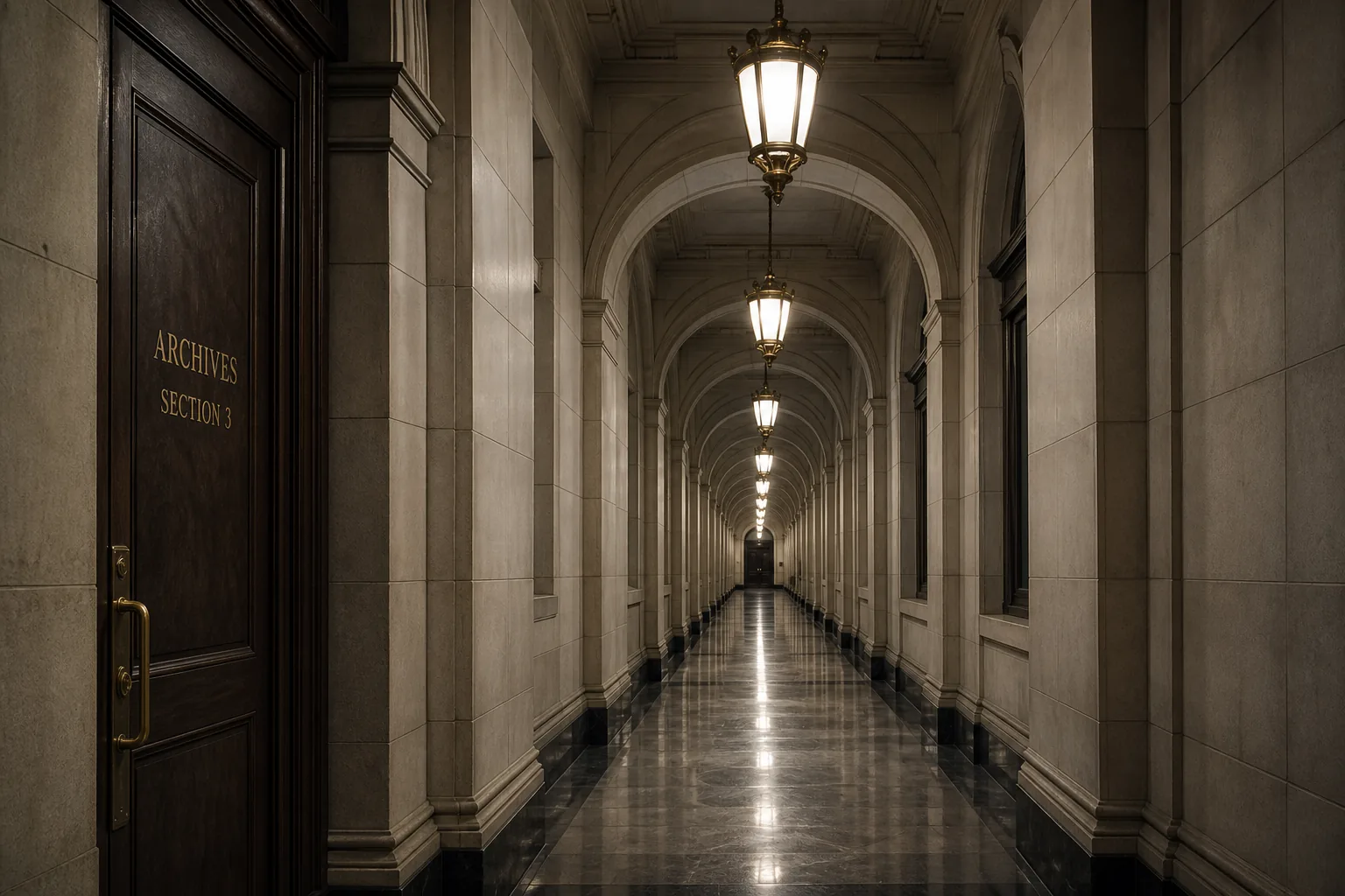Uninhabited institutional archive corridor at night