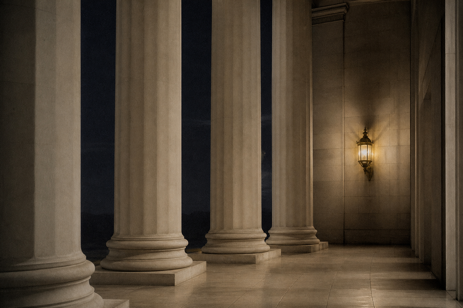 Empty civic colonnade at dusk
