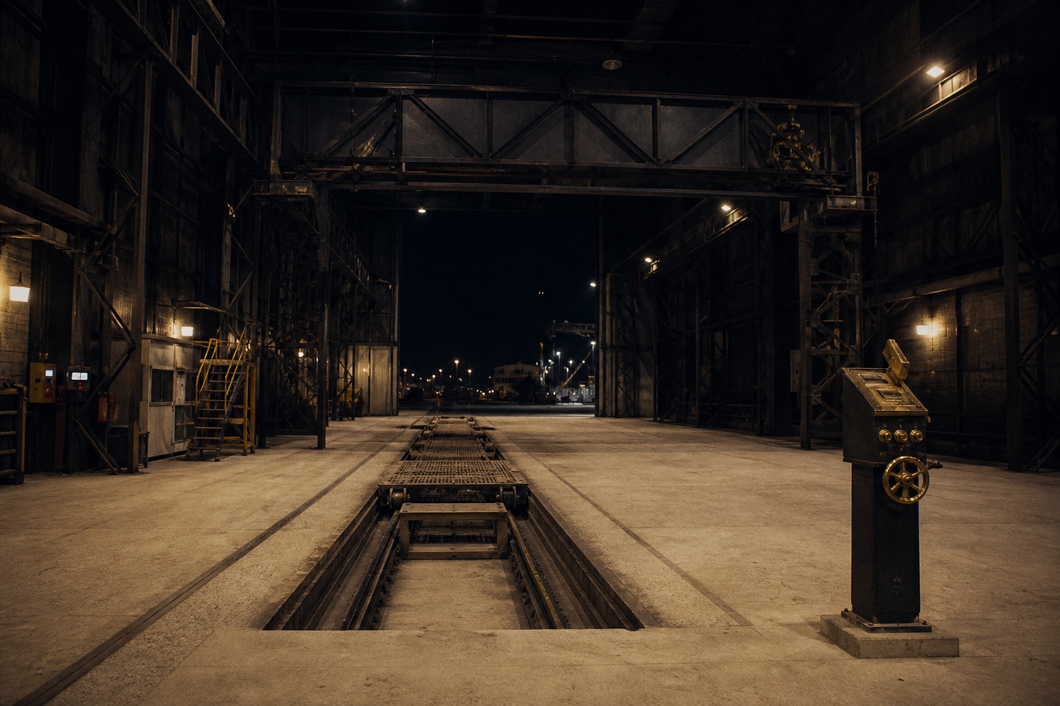 Empty industrial inspection hall at night