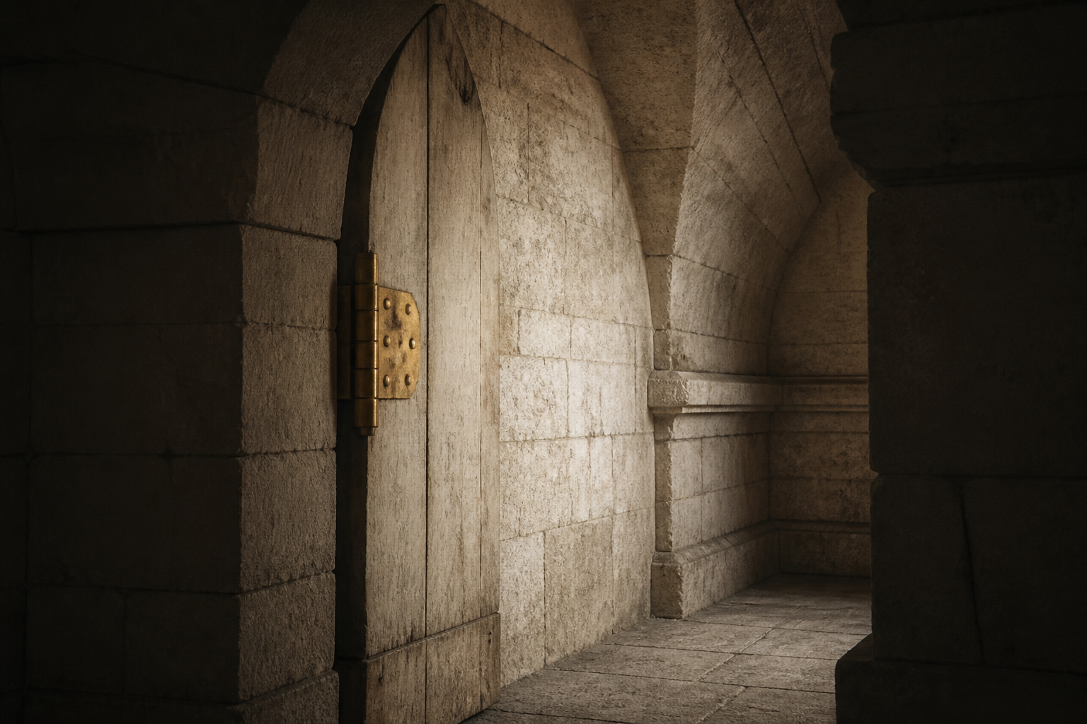 Stone vault interior with a single brass hinge
